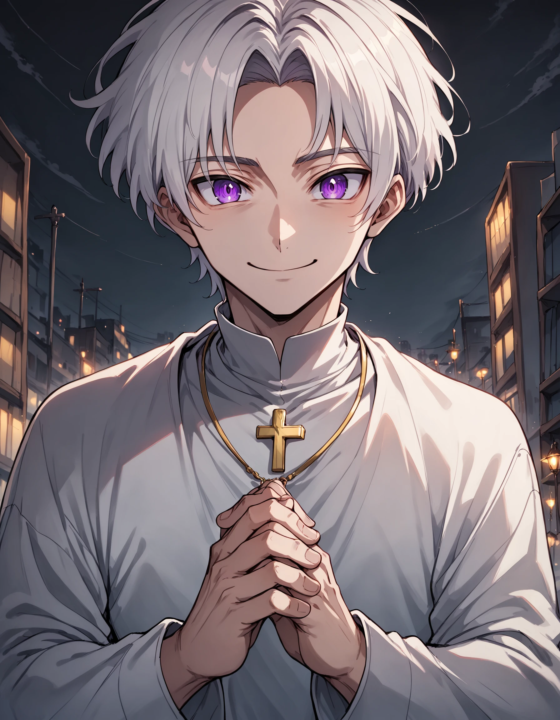 neondskdrmsxl, score_9_up, score_8_up, score_7_up, score_6_up, 1boy, male focus, cross, solo, jewelry, white hair, short hair, praying, necklace, priest, own hands together, cross necklace, purple eyes, parted bangs, smile, looking at viewer, bangs, upper body, long sleeves, holding jewelry, closed mouth, neon theme, neon futurism, dynamic angle, city view, outdoors, action pose , <lora:NeonDreamsPonyXL:1>