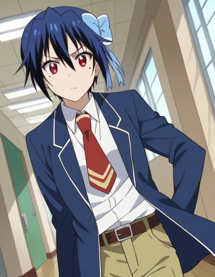 score_9, score_8_up, score_7_up, source_anime,
seishiroutsugumi, <lora:seishirou-tsugumi-ponyxl-lora-nochekaiser:1>,
seishirou tsugumi, short hair, red eyes, bow, blue hair, hair bow, mole, mole under eye, blue bow,
blazer, shirt, long sleeves, white shirt, necktie, collared shirt, belt, pants, red necktie,
indoors, classroom, hallway,
looking at viewer, cowboy shot, dutch angle,