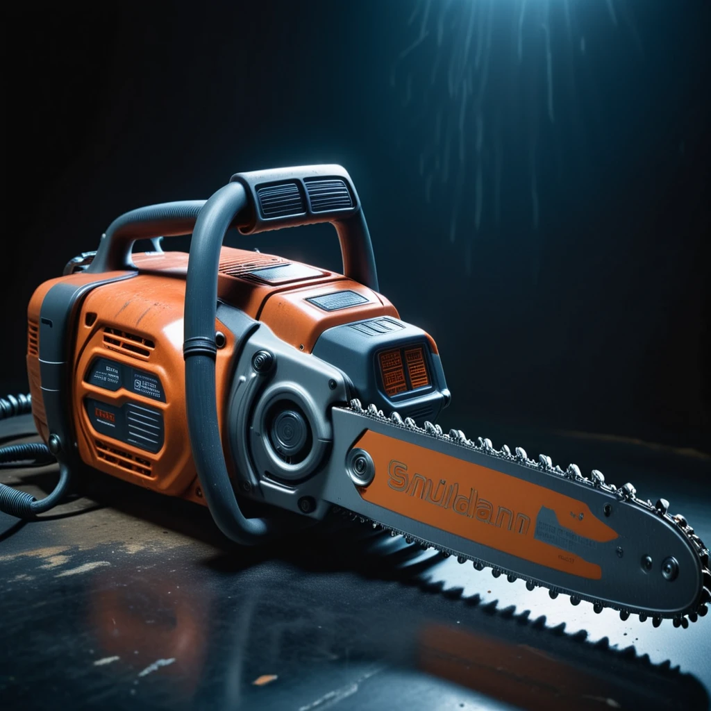 photo focus on military radiant energy field chainsaw with nuclear battery power, cables, machinery view, boxy design, from above, science fiction, glowing cyberpunk, translucent, <lora:IteMaker-v1e3:1>, black background, red theme , film, professional, 4k, highly detailed, grit, (rust:0.65), cracks, cracked surface, subtle messy, dust, weary, edges rusty dusty, surface scratches, peeled sun bleeched paint, smudges, crumbles, rugged, used