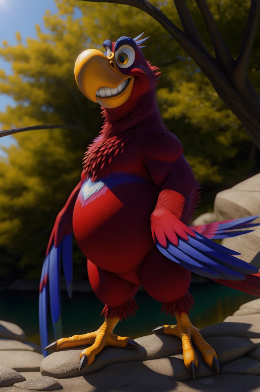 solo, male, iago, scarlet macaw, avian, yellow sclera, black eyes, eyebrows, head tuft, red feathers, feather hands, winged arms, tail feathers, full-length portrait, masterpiece, extreme detail, standing, avian feet, leaning, slightly chubby, null, chest tuft, elbow tuft, grin