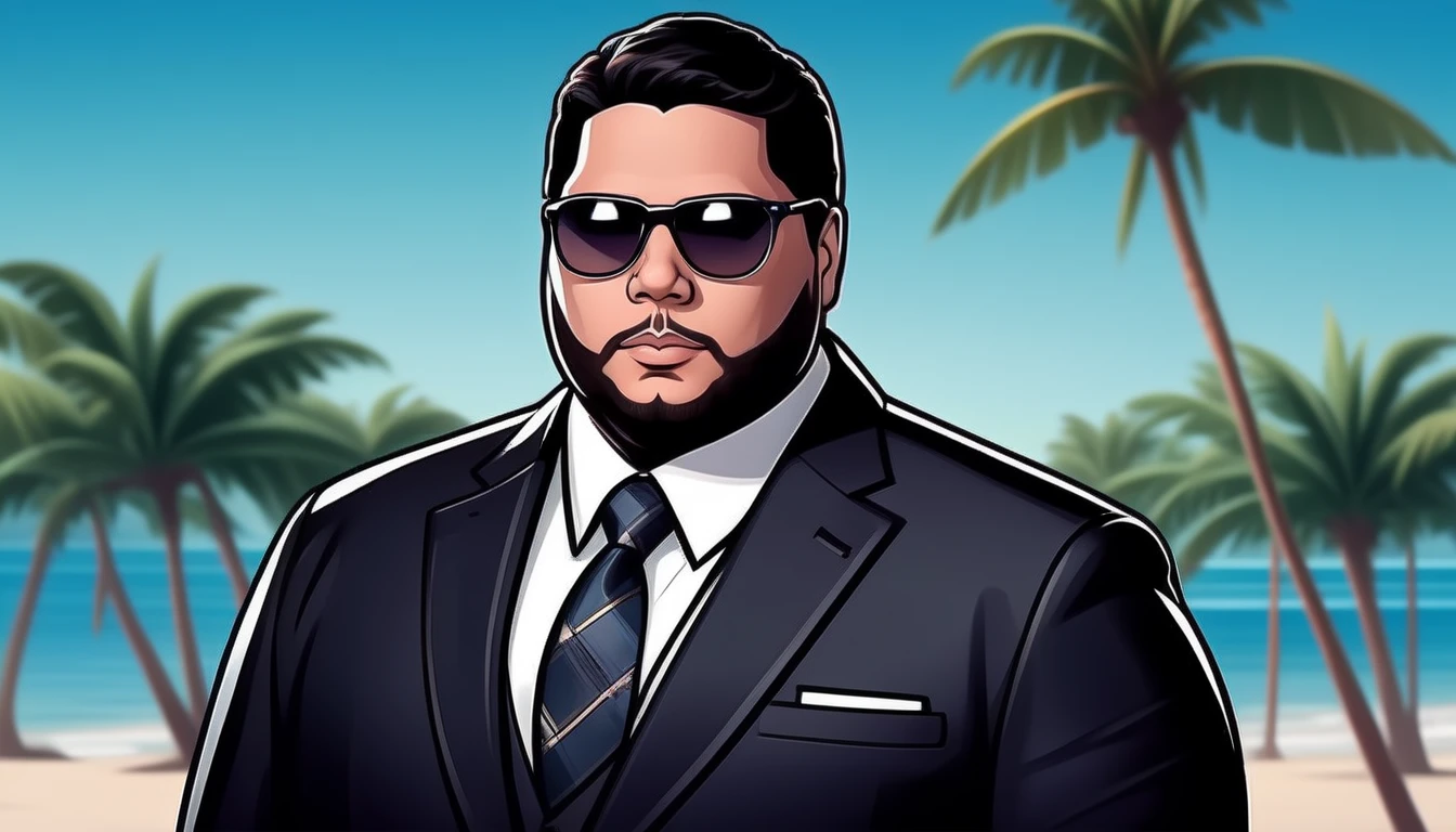 ArcherRay, Greg Grunberg, wearing a black business suit, sunglasses, tropical beach background, (thick outline:1.2)