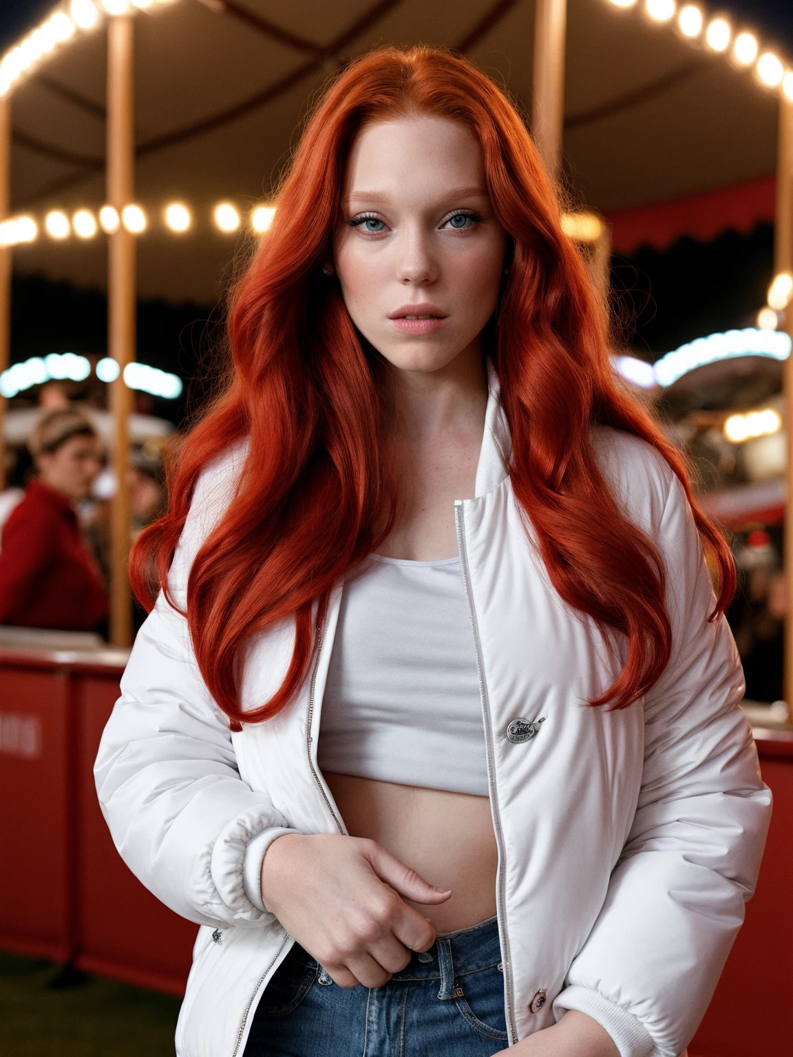 lesydx posing while wearing a white jacket, long [[red]] hair, in a fair at night, <lora:LeSydx:1>