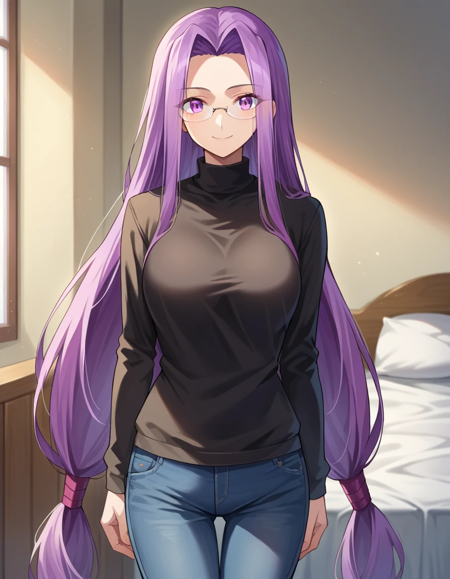 score_9, score_8_up, score_7_up, source_anime,
medusarider, <lora:medusa-rider-ponyxl-lora-nochekaiser:1>,
medusa rider, long hair, very long hair, purple hair, smile,
long sleeves, purple eyes, glasses, pants, sweater, turtleneck, denim, low-tied long hair, jeans, black sweater,
indoors, bed, bed room,
looking at viewer, cowboy shot, dutch angle, arm support, arms up, incoming hug, pov, reaching, reaching towards viewer,