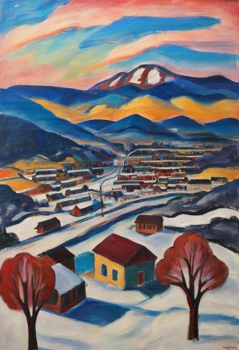 expressionist painting aerial view of a Colorado small town in winter at sunrise