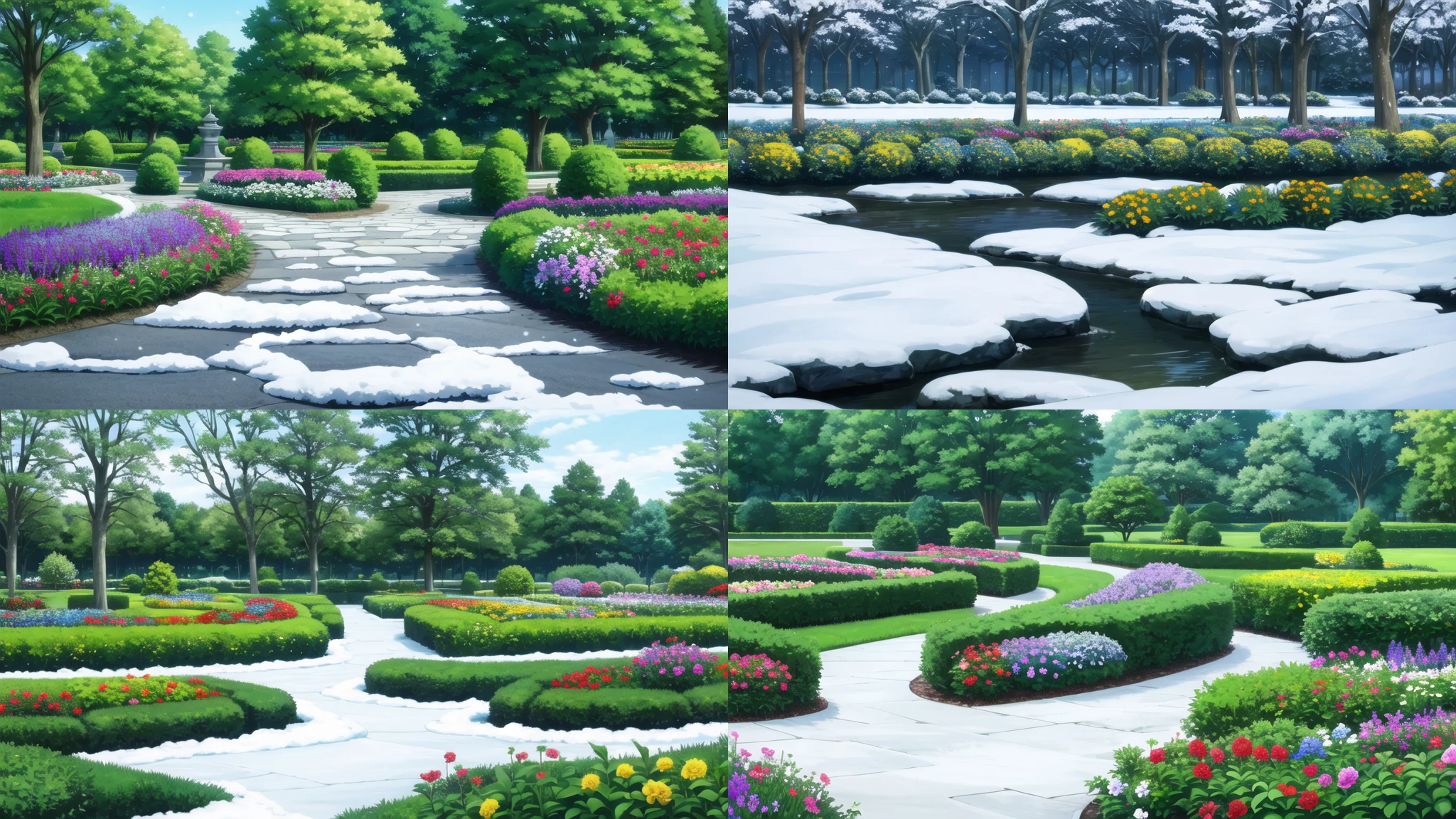 anime screencap, beautiful vision of garden with flowers in a snow day, masterpiece, best quality, high quality, best details