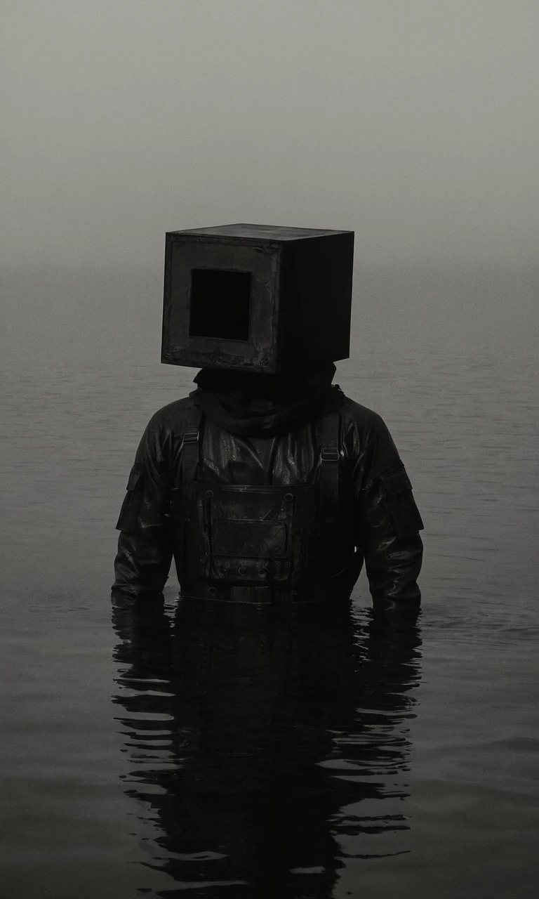 man, water, mist, dark, box head, huleebstyle, helmet, dark, monochrome, (simple:1.2), <lora:HuleebStyle_v1:0.85>