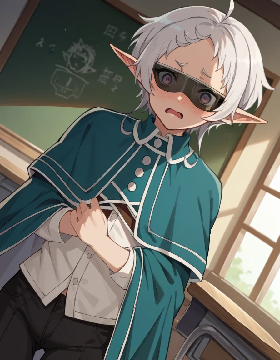 score_9, score_8_up, score_7_up, source_anime,
sylphy, <lora:sylphiette-ponyxl-lora-nochekaiser:1>,
sylphy, short hair, ahoge, white hair, pointy ears, elf, blush, embarrassed, open mouth,
sunglasses, pants, capelet, black pants, cape,
indoors, classroom,
looking at viewer, cowboy shot, dutch angle,