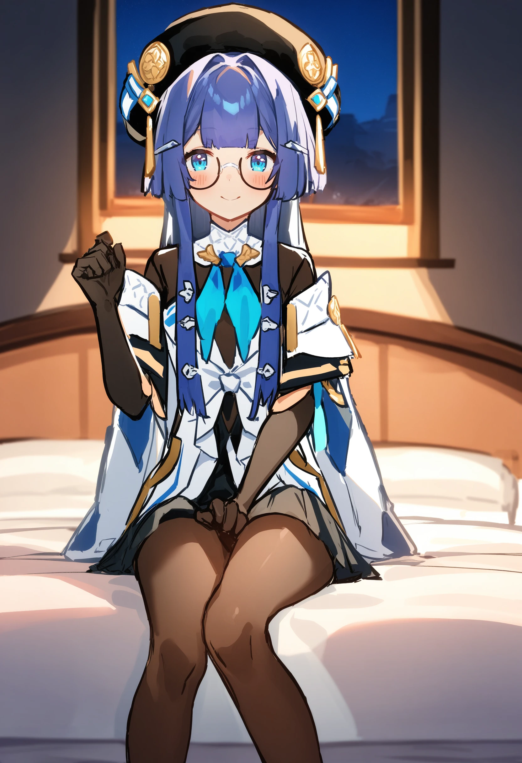 ganyu (genshin impact), one girl, long hair, sexy lady,breasts,sexuality,blush,long sleeves, bow, blue hair, horns, glasses, black shirt, black bow, turtleneck, white skirt, frilled sleeves, high-waist skirt, long skirt, shirt tucked in,spread legs,beautiful vagina, one boy,penis,missionary sex,rape,on the bed,