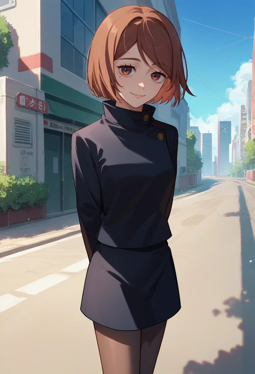 score_9, score_8_up, score_7_up, source_anime, solo, 1girl, ieiripast, mole, smile, looking at viewer, arms behind back, short hair, school uniform, black jacket, long sleeves, black skirt, black pantyhose, outdoors, city street <lora:jjk_ieiri_ponyXL:1>