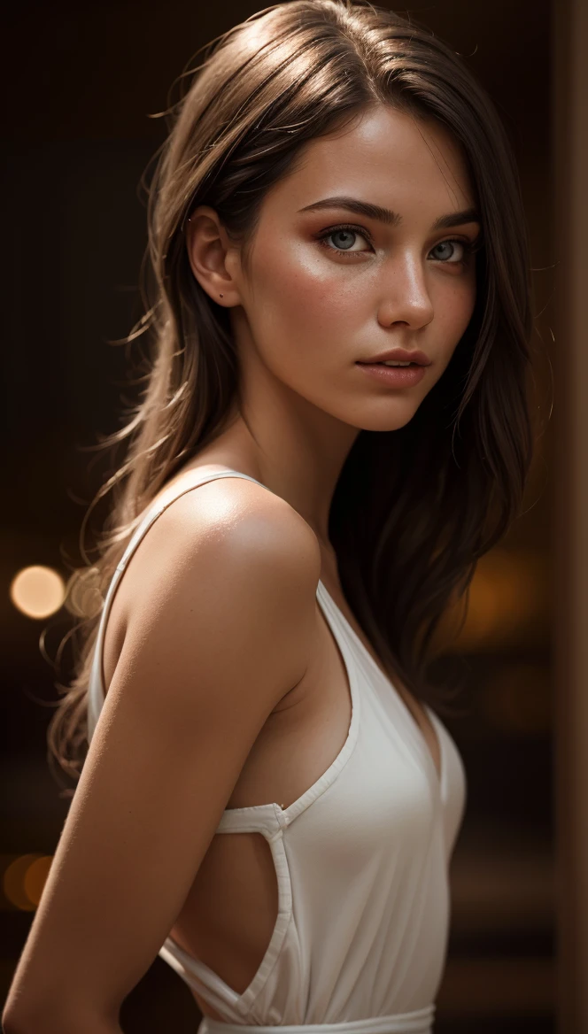 HyperSmoke, award winning portrait photo of an young norwegian woman, fair skin, bokeh, backlit, (brown color in detail:1.1), elegant atmosphere, realistic, intricate details, true skin tone, dark backround <lora:lowkey_v1.1:1>