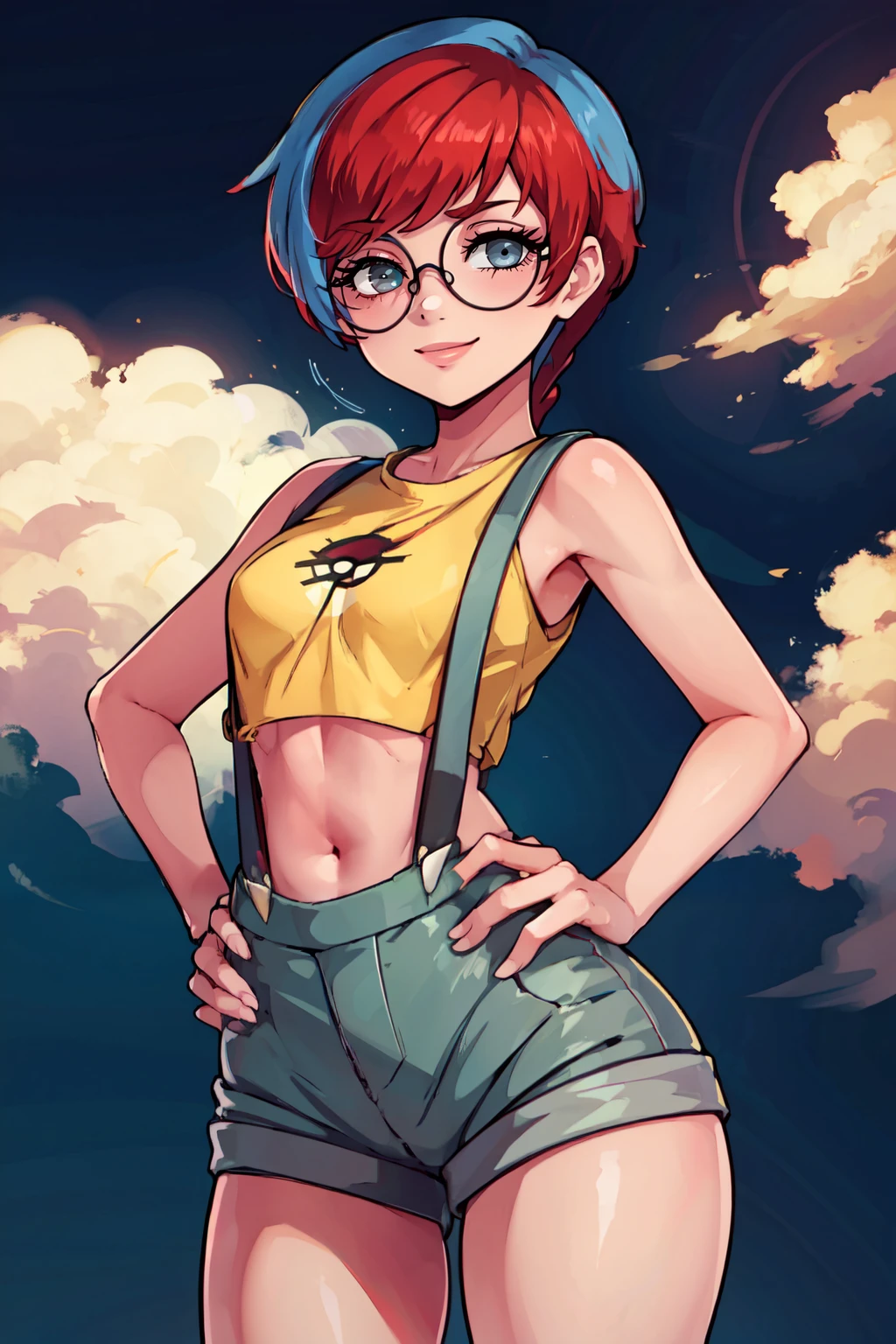 ((masterpiece,best quality)), absurdres,    <lora:Penny_Pokemon:0.6>, Penny_Pokemon,  1girl, multicolored hair, two-tone hair, red hair, blue hair, grey eyes,  round eyewear,    <lora:Misty_Pokemon_Cosplay_v3:0.8>,  misty (pokemon) (cosplay), yellow crop top, suspenders,  solo, smiling, looking at viewer,  cowboy shot, contrapposto, hand on hip