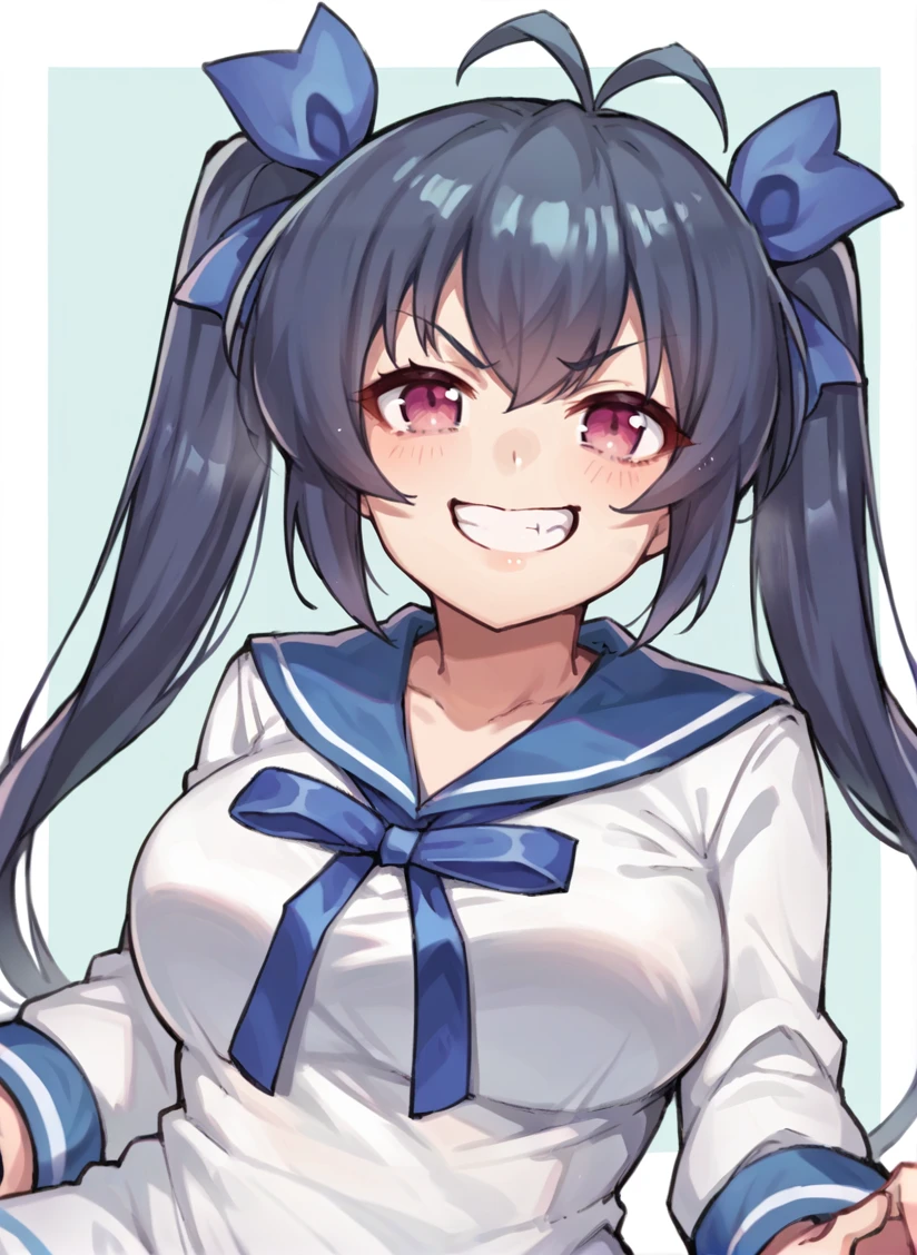 score_9, score_7_up, score_6_up, source_anime, 1girl, solo, hakobenaru, pink eyes, large breasts, sailor dress, blue sailor collar, long sleeves, hair ribbon, ribbon, simple background, from front position, portrait, grin, <lora:naru_SDXL-09:1>