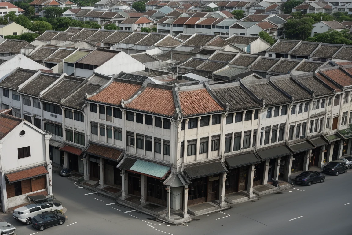 architecture, building, (shophouse), (aerial photography, cityscape), scenery, Southeast Asia, George Town, Penang, vintage, historical, heritage, orange tiled roof, pedestrian arcade, narrow facade, long windows, road, perfect proportions, perfect perspective, 8k, masterpiece, best quality, high_resolution, high detail, photorealistic, midday, Masterpiece