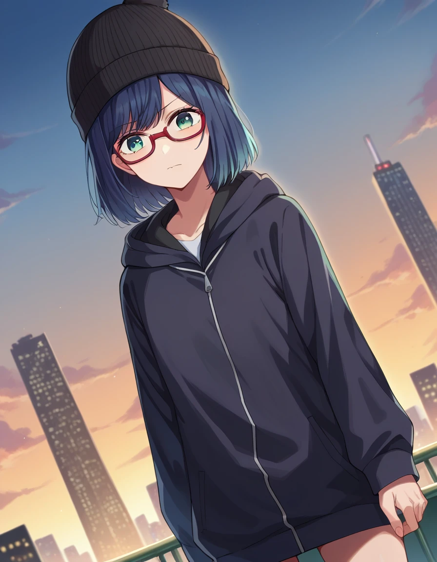score_9, score_8_up, score_7_up, source_anime,
akanekurokawa, <lora:akane-kurokawa-ponyxl-lora-nochekaiser:1>,
akane kurokawa, bangs, green eyes, blue hair, medium hair, dark blue hair,
long sleeves, hat, jacket, glasses, hood, black jacket, black headwear, hoodie, hood down, red-framed eyewear, beanie,
outdoors, cityscape,
looking at viewer, cowboy shot, dutch angle,