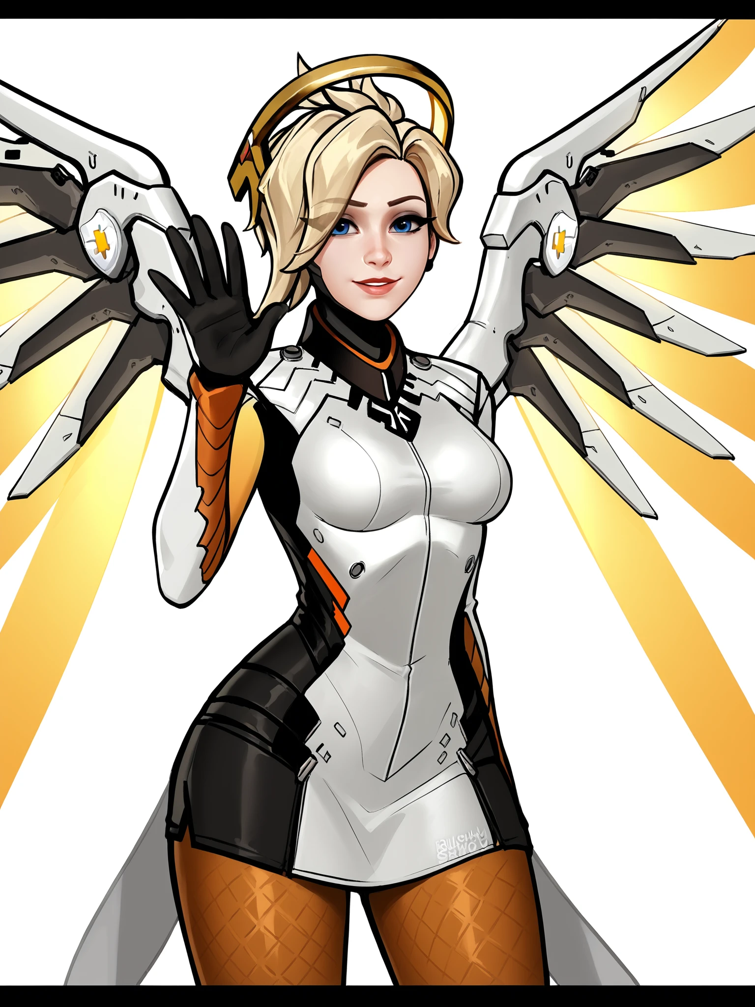 score_9, score_8_up, score_7_up, score_6_up, score_5_up, score_4_up, solo, ((mercy from overwatch)), mature woman, ((white blonde ash hair)), big thick full lips, ((pouted lips)), blue eyes, ((squinting soulful eyes)), dark colored eye shadow, ((mature woman)), ((full body)), ((NSFW)), sexy, seductive, alluring, feminine, pleasant smile, wings, ((gigantic breasts)), ((massive breasts)), sagging breasts, big nipples, wide hips, thick thighs, huge ass, standing