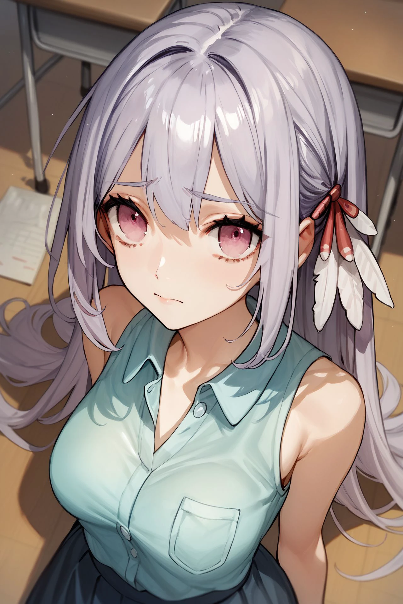 score_9, score_8_up, score_7_up, 1girl, looking at viewer, arms_up, flustered, light purple hair, feather bangs, pink eyes, medium breasts, aqua sleeveless shirt, no light, classroom, from above <lora:wada_arco_PonyXL_style_v01:1>