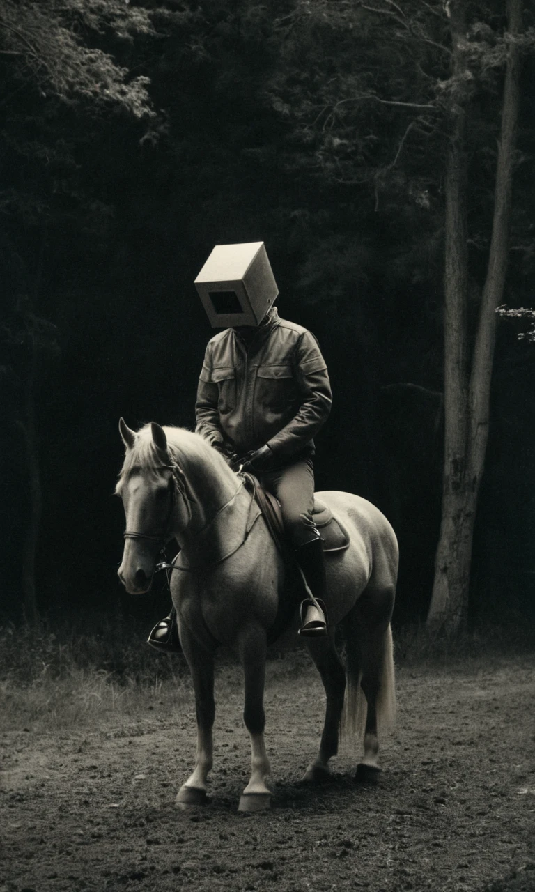 analog film photo man, jacket, outdoors, animal, riding, dark, horse, box head, empty background, loneliness, huleebstyle, helmet, dark, greyscale, <lora:HuleebStyle_v1:0.85> . faded film, desaturated, 35mm photo, grainy, vignette, vintage, Kodachrome, Lomography, stained, highly detailed, found footage
