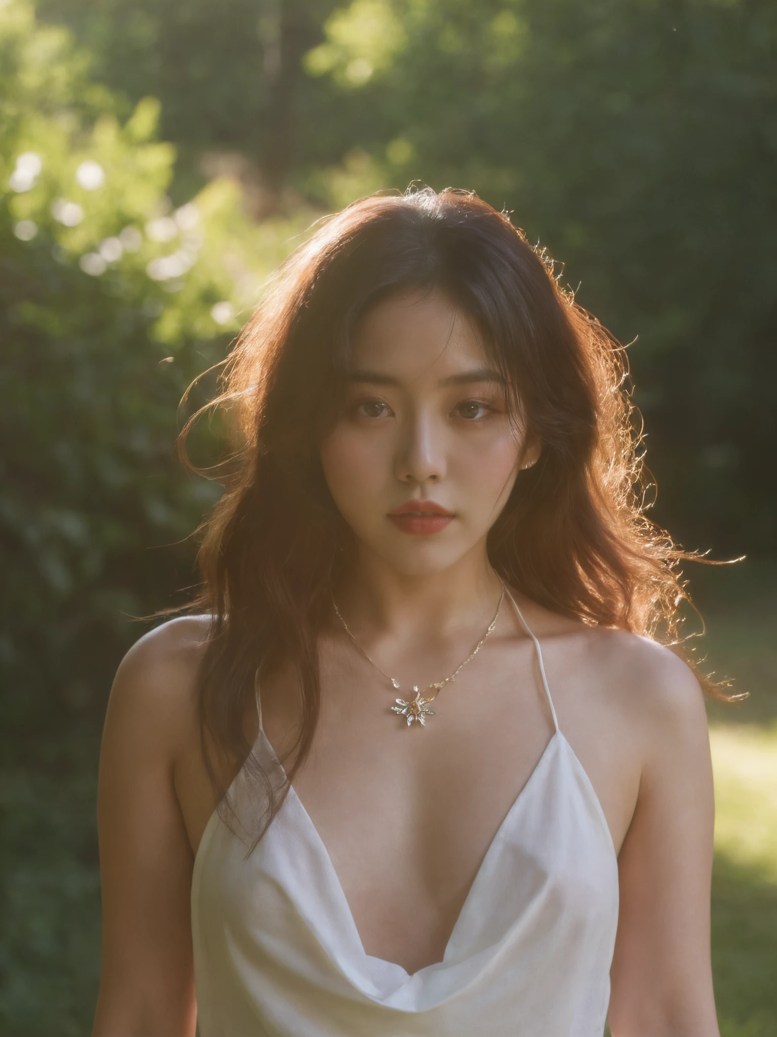 <lora:LoRA-sunlight-sdxl:0.5>yeonhwa,warm color tones,cinematic light and shadow effects,film grain,realistic,solo,looking at viewer,sunbeam, flower, bare shoulders, lipstick, outdoors, wind,long hair, necklace,