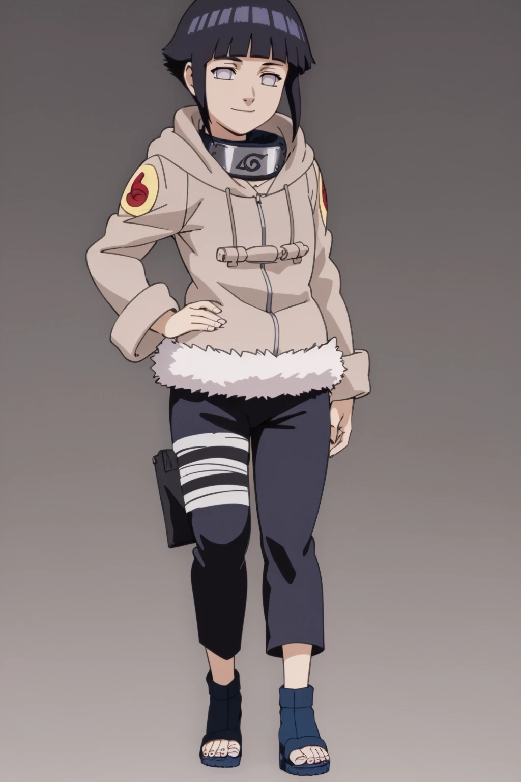 masterpiece, best quality,
1girl, hyuuga hinata, black hair, short hair, white eyes, no pupils, coat, forehead protector, fur trim, konohagakure symbol, long sleeves, pant, sandals,
hands on hips, standing, full body, solo, looking at viewer, smile, simple background
<lora:HinataHyuga:1>