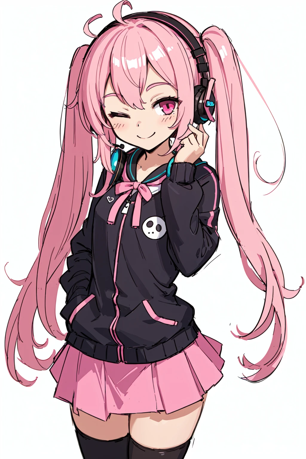 best quality, original, 1girl, headphones, long hair, looking at viewer, one eye closed, pink eyes, pink hair, sketch, skirt, smile, solo, thighhighs, twintails