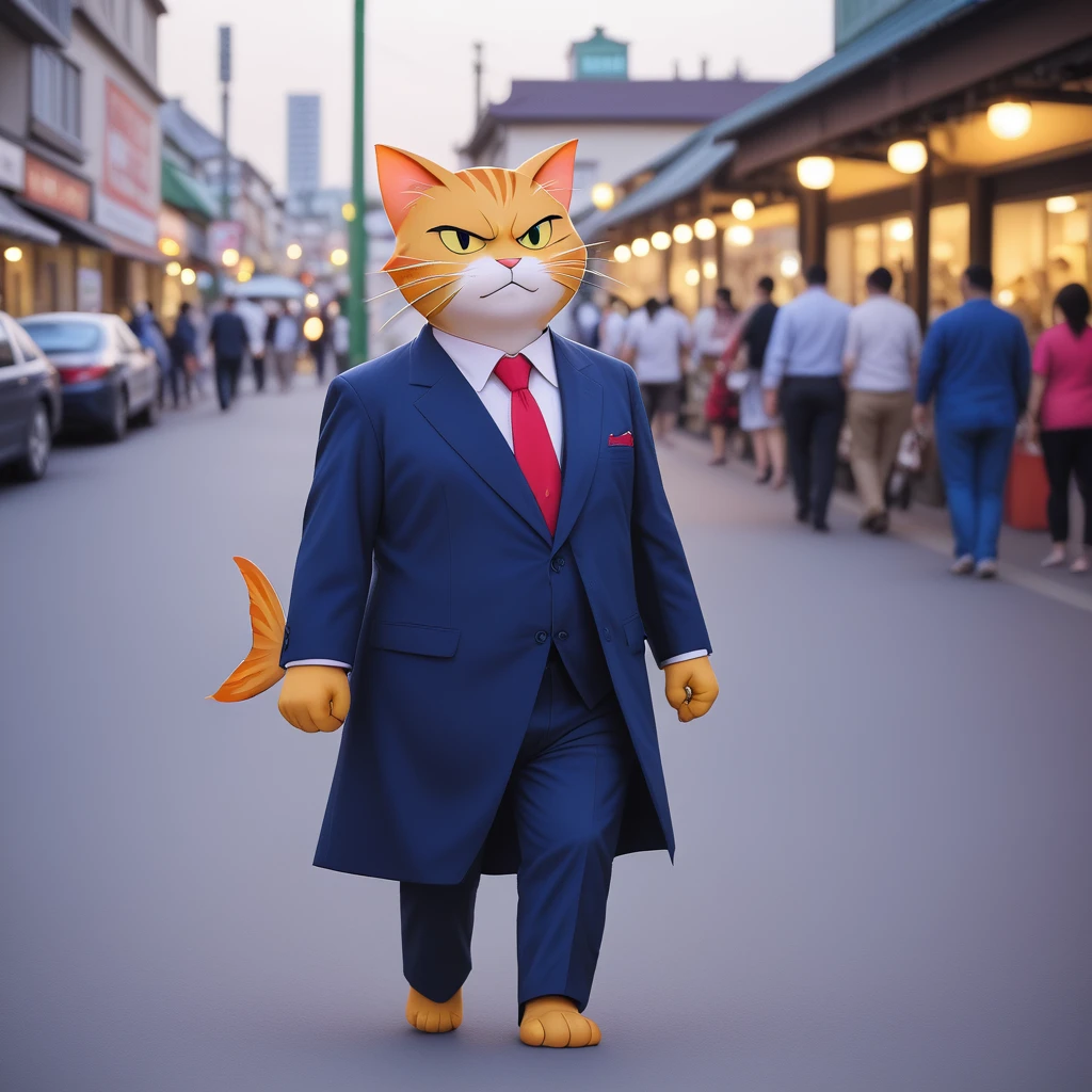 IRL, photograph of an anthropomorphic Cat dressed as a mafia boss holding a fish walking down a Japanese fish market with an angry face, 8k resolution, best quality, beautiful photograph, dynamic lighting,