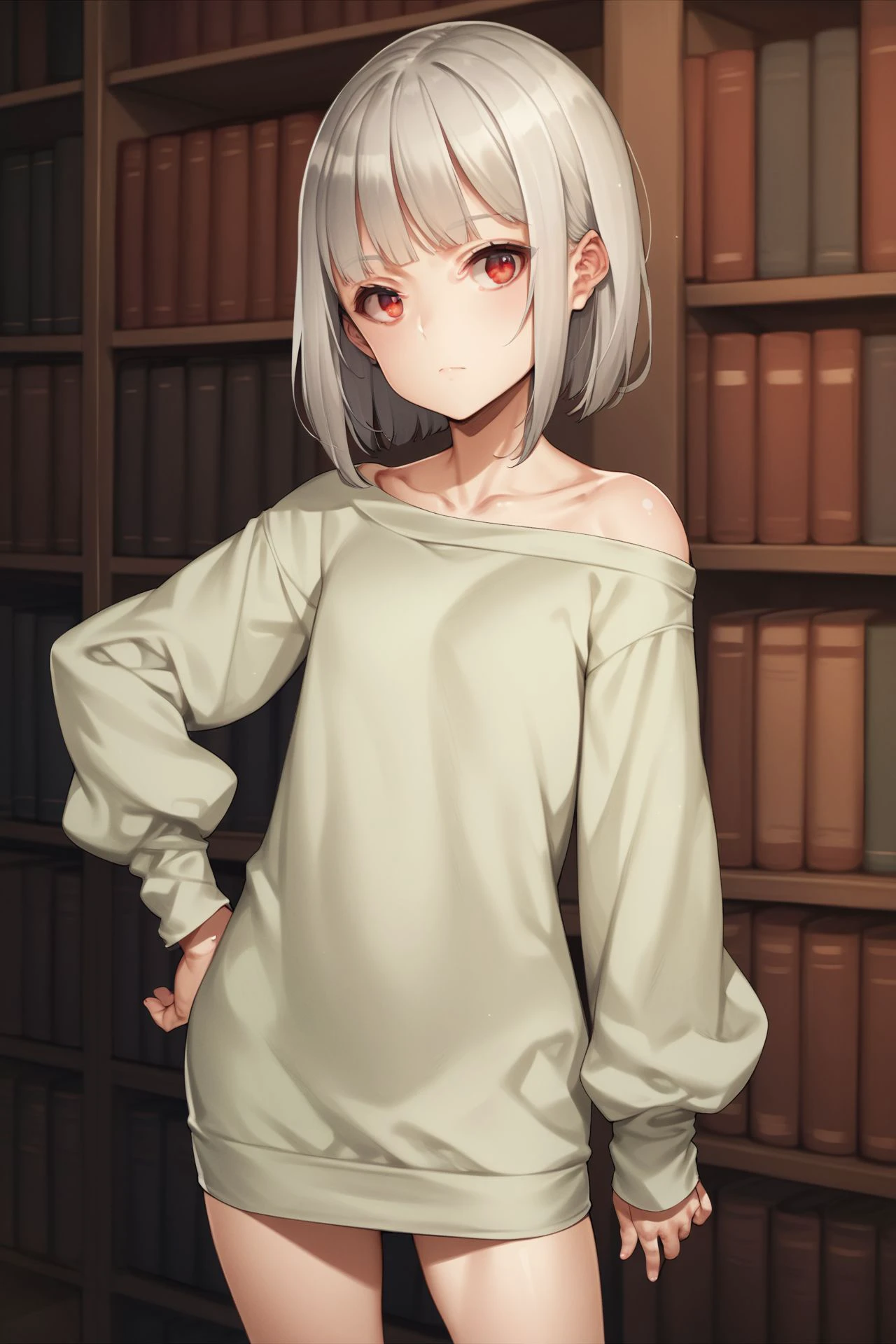 score_9, score_8_up, score_7_up, 1girl, looking at viewer, hand_on_hip, frightened, silver hair, short fringe, red eyes, flat chest, light green sweater dress, no light, library, panorama <lora:oyari_ashito_PonyXL_style_v01:1>