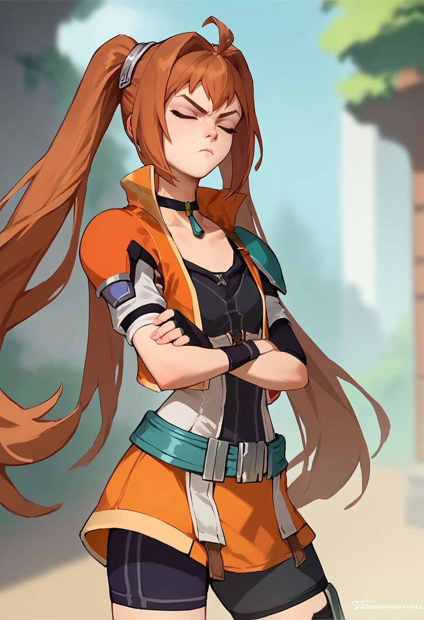 score_9, score_8_up, score_7_up, solo, 1girl, senEstelle, unamused, crossed arms, twintails, closed eyes, v-shaped eyebrows, single shoulder pad, choker, orange jacket, black shirt, miniskirt, green belt, black gloves, spandex shorts, black thighhighs, outdoors <lora:style_tarakanovich_ponyXL:1> <lora:estelle-pdxl-nvwls-v1:1>