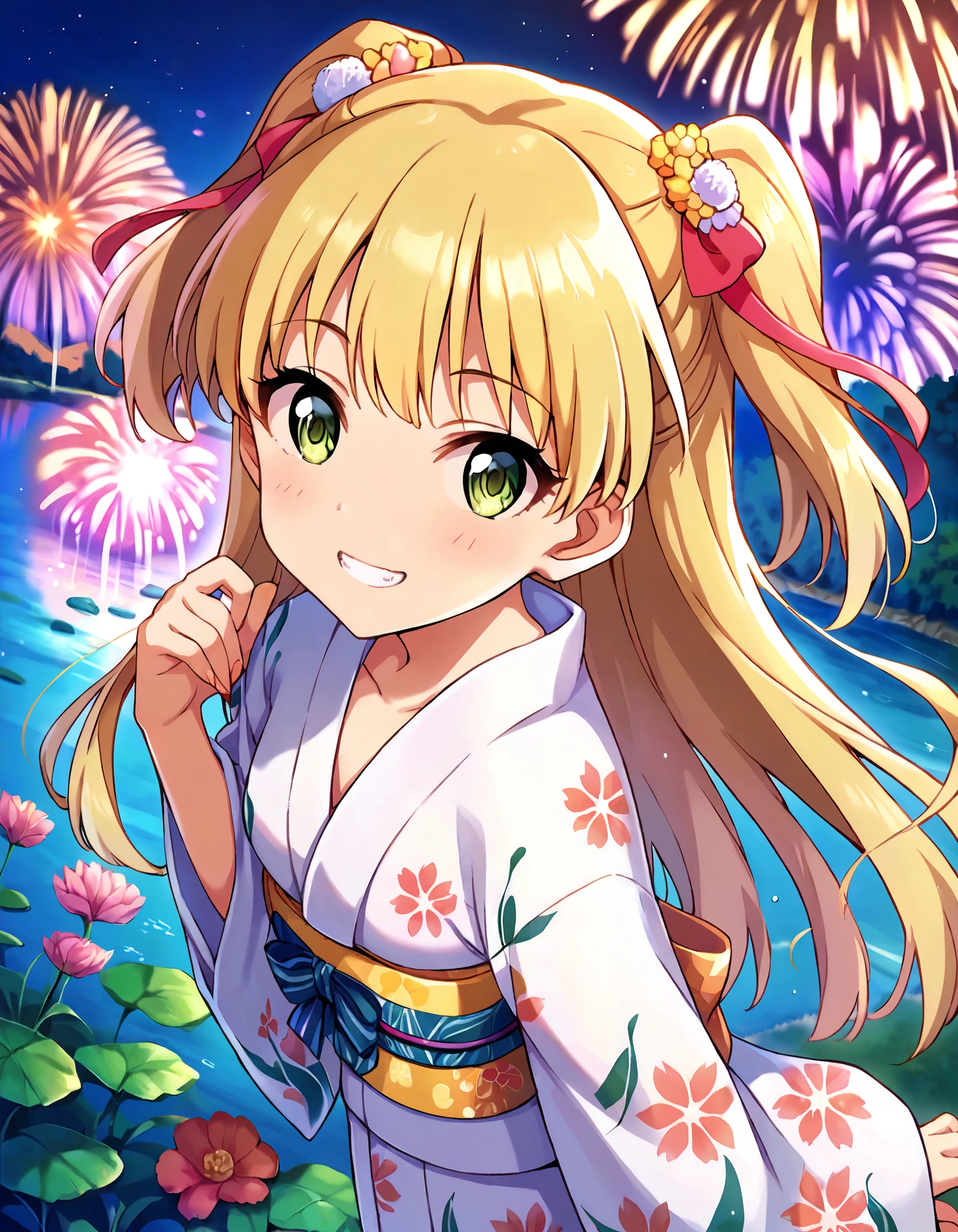 score_9, score_8_up, score_7_up, source_anime,
pinup of 1girl, solo, dating, blush, grin, looking at viewer, from above,
outdoors, lake, fireworks, hanabi, night,
<lora:JogasakiRika_pony_v1:0.8>
jgskrk, petite, long hair, blonde hair, two side up, bangs, hair ornament, hair ribbon, green eyes, eyelashes, small breasts,
japanese clothes, yukata, obi, floral print,