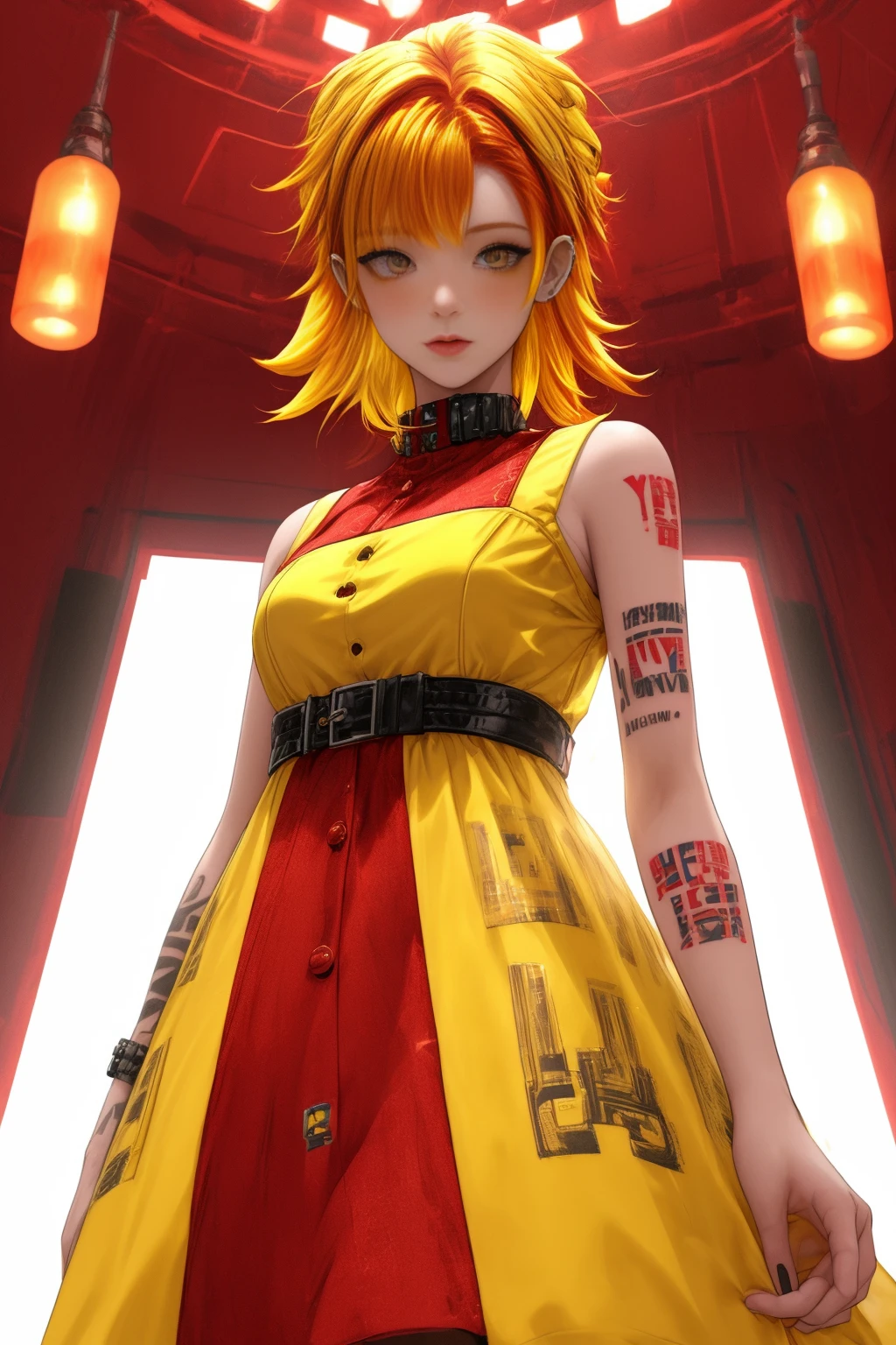 <lora:PillowWorld:1.0> (PillowWorld:1.2) 1woman (red and yellow hair:1.6) (punk tattoo, dress:1.3) walking in the (white light cyber city:1.2), <lora:more_details:1>
