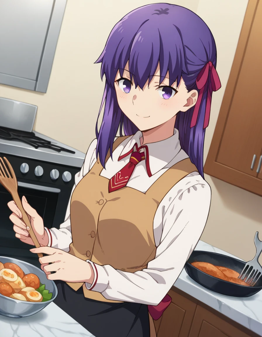 score_9, score_8_up, score_7_up, source_anime,
sakuramatou, <lora:sakura-matou-hf-ponyxl-lora-nochekaiser:1>,
sakura matou, long hair, purple eyes, purple hair, ribbon, hair ribbon, red ribbon, smile,
shirt, white shirt, collared shirt, long sleeves, neckertie, red neckertie, vest, light brown vest, skirt, black skirt, apron,
indoors, kitchen, food, cooking,
looking at viewer, dutch angle, cowboy shot,
