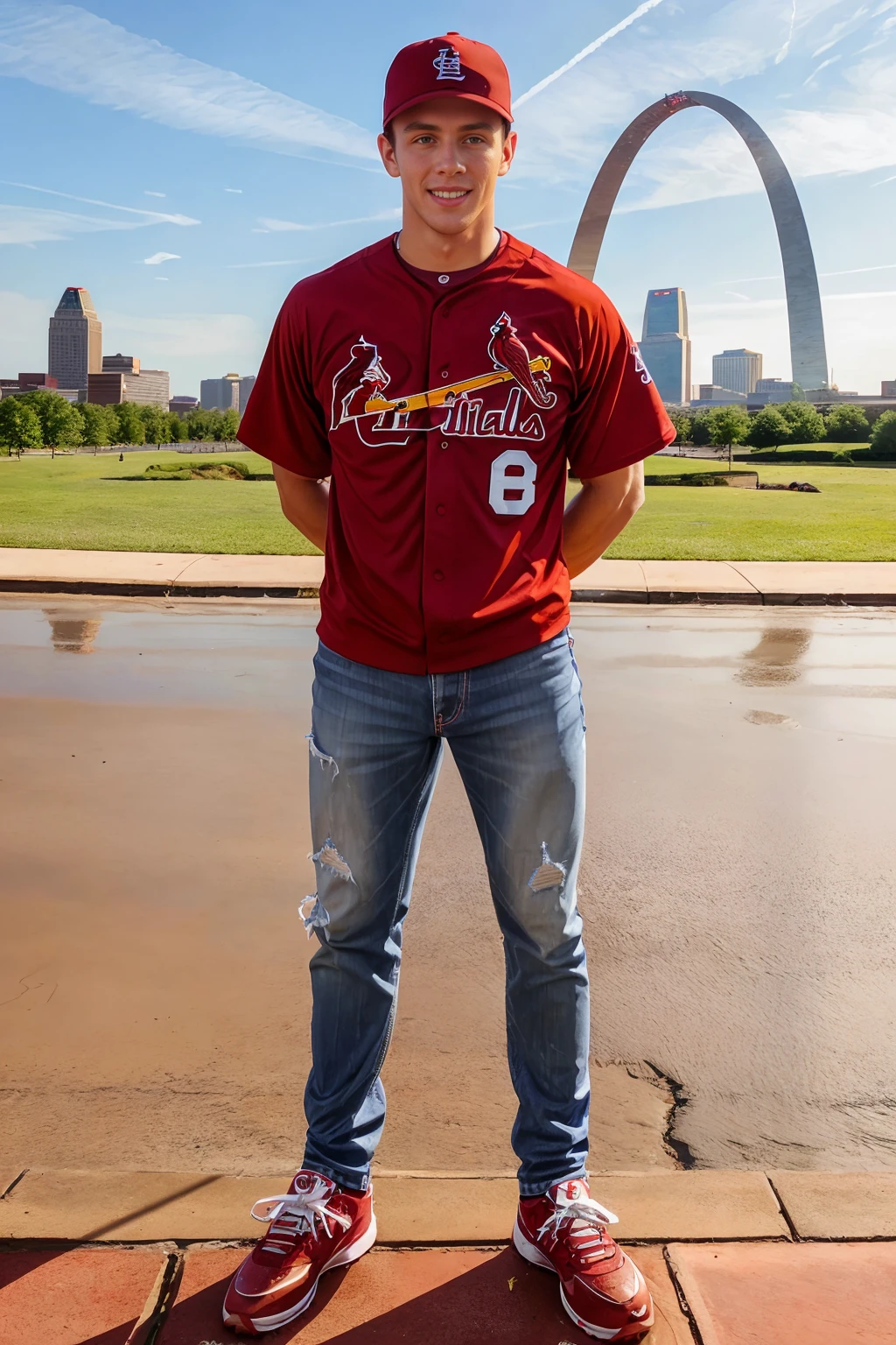 St. Louis, (Gateway Arch) in the background, standing, smiling, RyanRockford, wearing (St. Louis Cardinals baseball jersey), blue jeans, sneakers, (St. Louis Cardinals baseball cap), (((full body portrait))), wide angle <lora:RyanRockford:0.8>