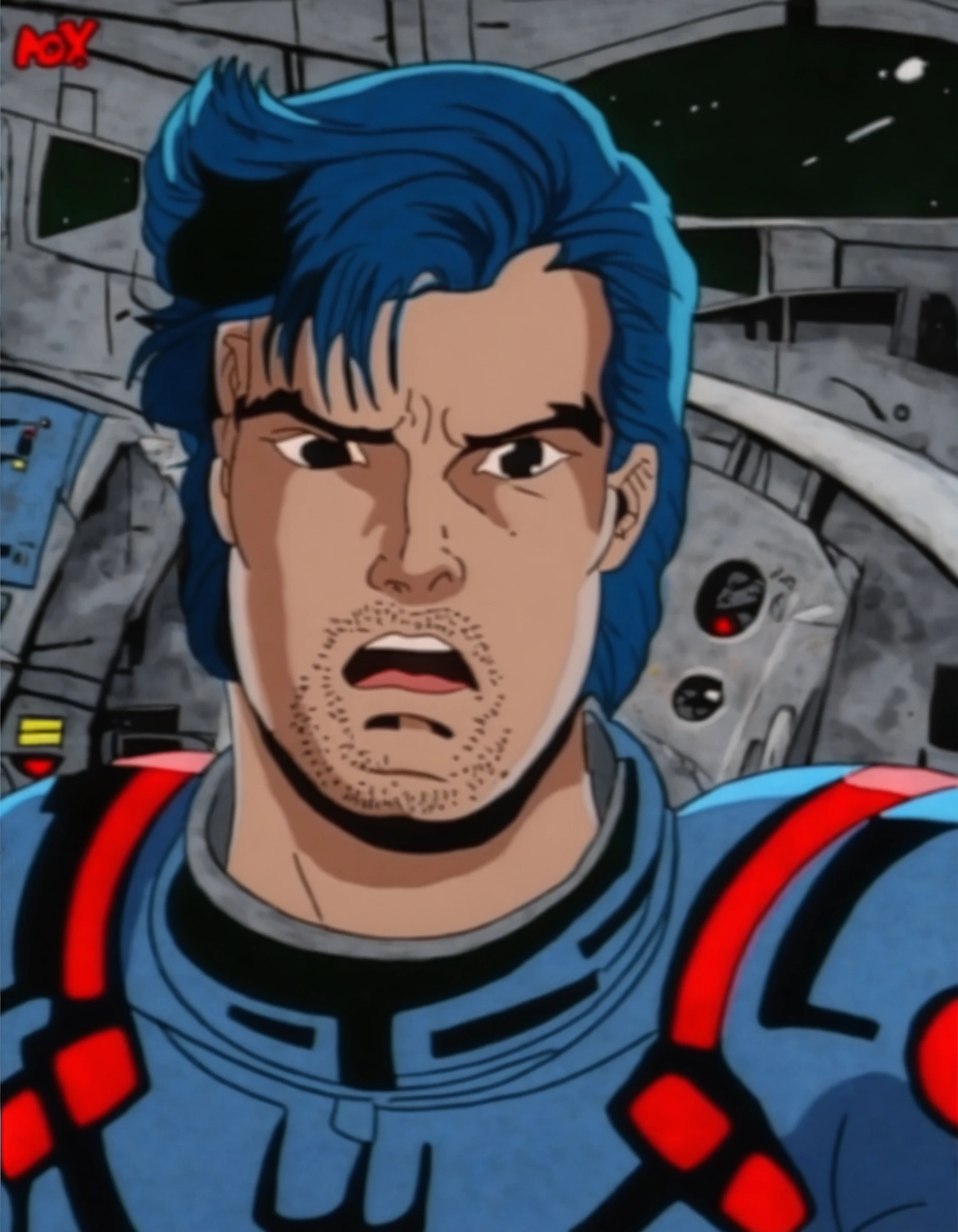 <lora:xmen_celshadePonyXL:0.8> Marvel Cel-Shade Style, 1boy, black eyes, blue hair, male focus, open mouth, pilot suit, portrait, retro artstyle, solo, stubble, Logan, Wolverine