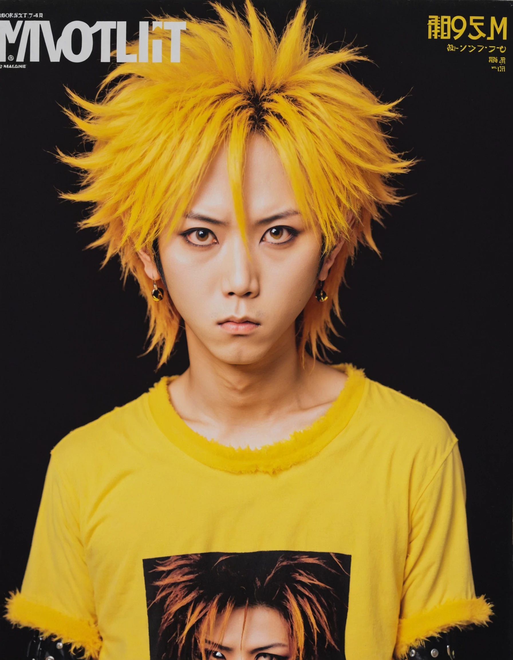 <lora:NihonMagStyleXL:0.8> Japanese Music Magazine Style, 1boy, looking at viewer, male focus, shirt, fluffy hair, visual kei, short hair, solo, yellow theme