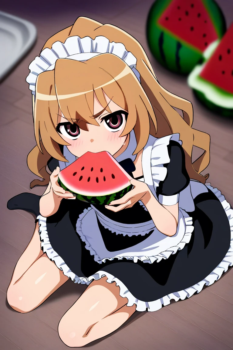 score_9, score_8_up, score_7_up, rating_safe BREAK
1girl, :t, tsundere, (scorn:0.6), aisaka taiga, looking at viewer, brown hair, brown eyes, black dress, maid dress, flat chest, sitting, on floor, eating, watermelon, from above, kitchen
