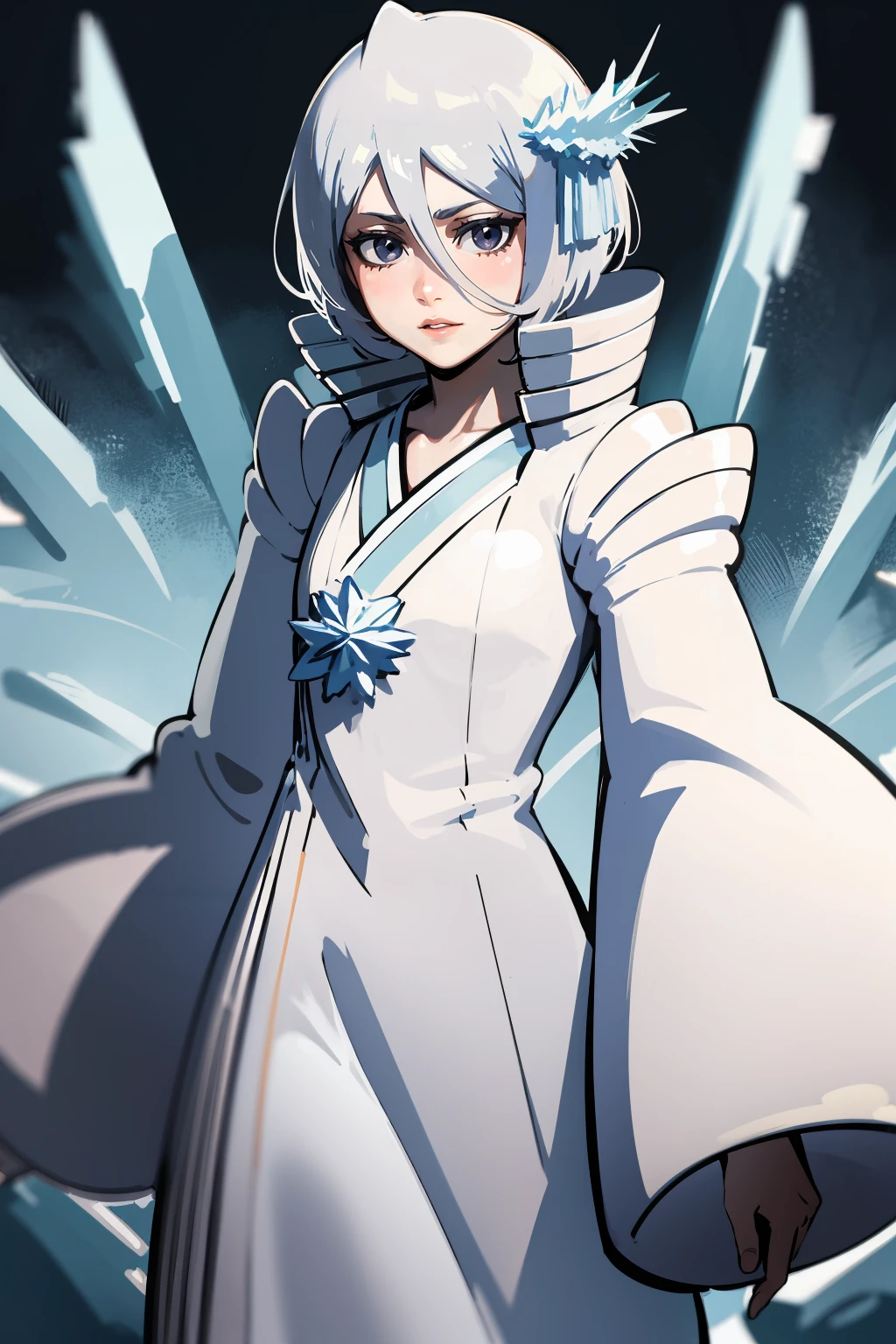 masterpiece,high quality,highres,1girl,solo,<lora:rukia-v2-wasabiya:1>,krukia,hair between eyes,arms behind back,albino,white hair,grey eyes,hair ornament,white dress,pale skin,hagoromo,wide sleeves,ribbon,high collar,ice brooch,colored eyelashes,