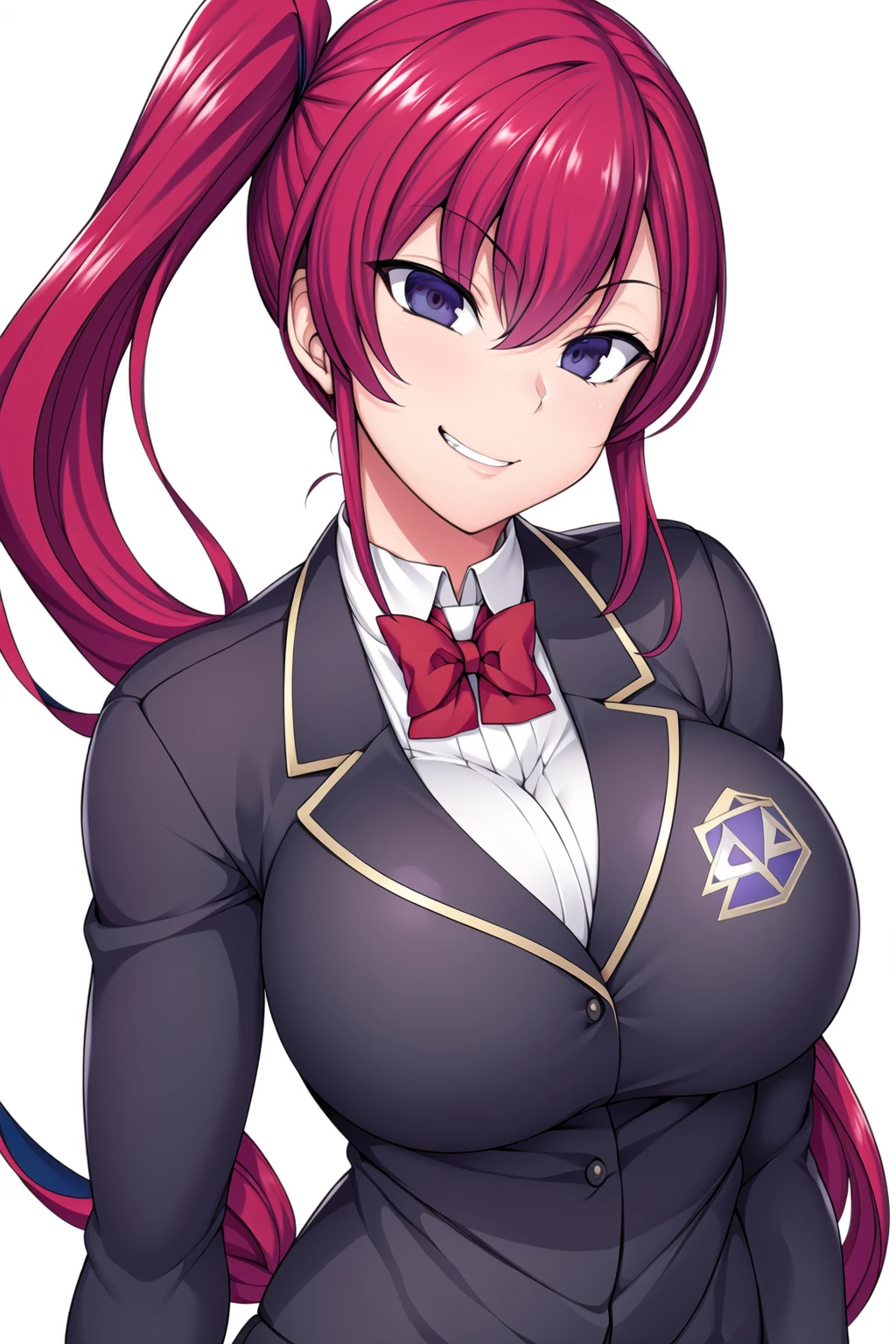 Simple White Background,
dynamic pose,standing at attention,
school_uniform,Blue_jacket,red_bowtie, pleated_skirt,thighhighs,black legwear,long sleeves,
<lora:Rina_Tsushima_SaiminSeishidou-KK77-V1:0.7>,
Blue eyes, red hair,bangs,Long hair, hair ornament,(Single_Leftside_ponytail:1.4),
<lora:Oda_Non_Style-KK77-V2:0.1>,<lora:SaiminSeishidou_Lesson_Style-KK77-V1:0.2>,<lora:more_details:0.1>,
1 girl, 20yo,Young female,Beautiful long legs,Beautiful body,
Beautiful Nose,Beautiful character design, perfect eyes, perfect face,expressive eyes,perfect balance,
looking at viewer,(Focus on her face),closed mouth, (Evil_Smile:1.3),
official art,extremely detailed CG unity 8k wallpaper, perfect lighting,Colorful, Bright_Front_face_Lighting,White skin,
(masterpiece:1.0),(best_quality:1.0), ultra high res,4K,ultra-detailed,
photography, 8K, HDR, highres, absurdres:1.2, Kodak portra 400, film grain, blurry background, bokeh:1.2, lens flare, (vibrant_color:1.2),professional photograph,
(Beautiful,large_Breasts:1.4), (beautiful_face:1.5),(narrow_waist),