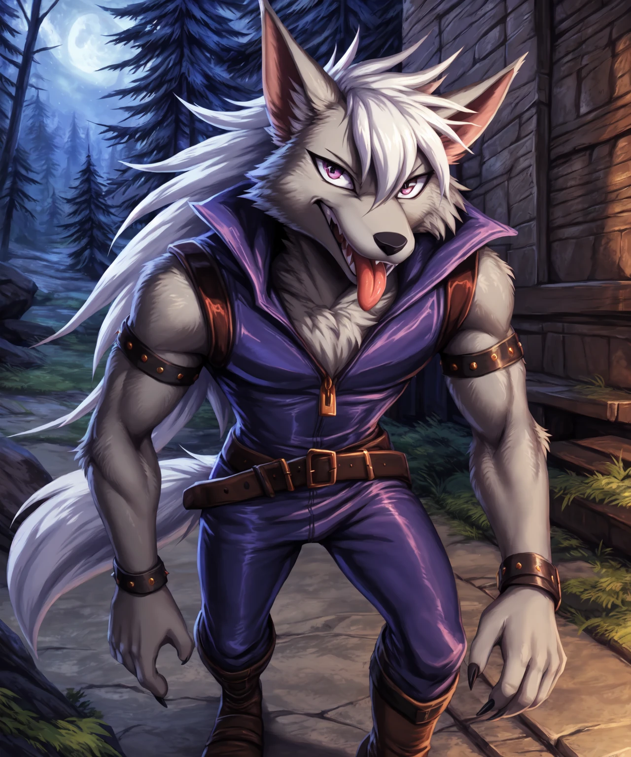 w0lfrun,standing, long hair,clothing, full body, looking at viewer, sharp eyes, evil grin, villain, tongue out, open mouth, teeth, canine teeth, symmetrical,blue skinsuit, studded armlet, studded bracelet, belt,feet, boots, brown boots, male, solo,anthro,wolf,violet eyes, 4k, hi res, ultra realism shading, volumetric, dimly lit, low light, outdoors, dark forest, night, reaching towards viewer, detailed background, realistic, photorealistic, photorealism, by lynncore,by personalami, rembrandt, by essence of rapture, by xnirox, by tenebscuro, by nurinaki, by falcrus, by zackary911,by inumania,by blotch, by null-ghost, <lora:w0lfrun_YMv10:0.85>