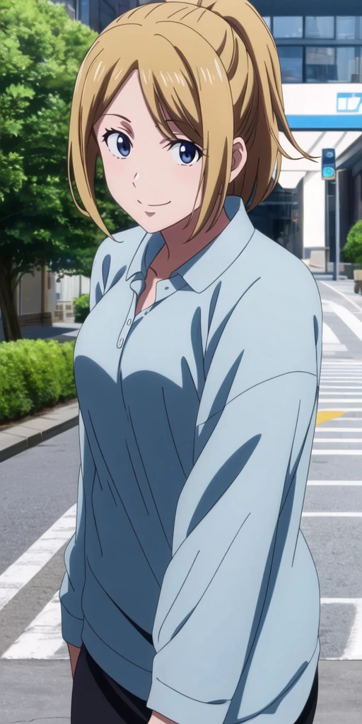 anime screencap, 1girl, solo, smile, looking at viewer, happy, upper body, walking in a street, masterpiece, best quality, high quality, best details