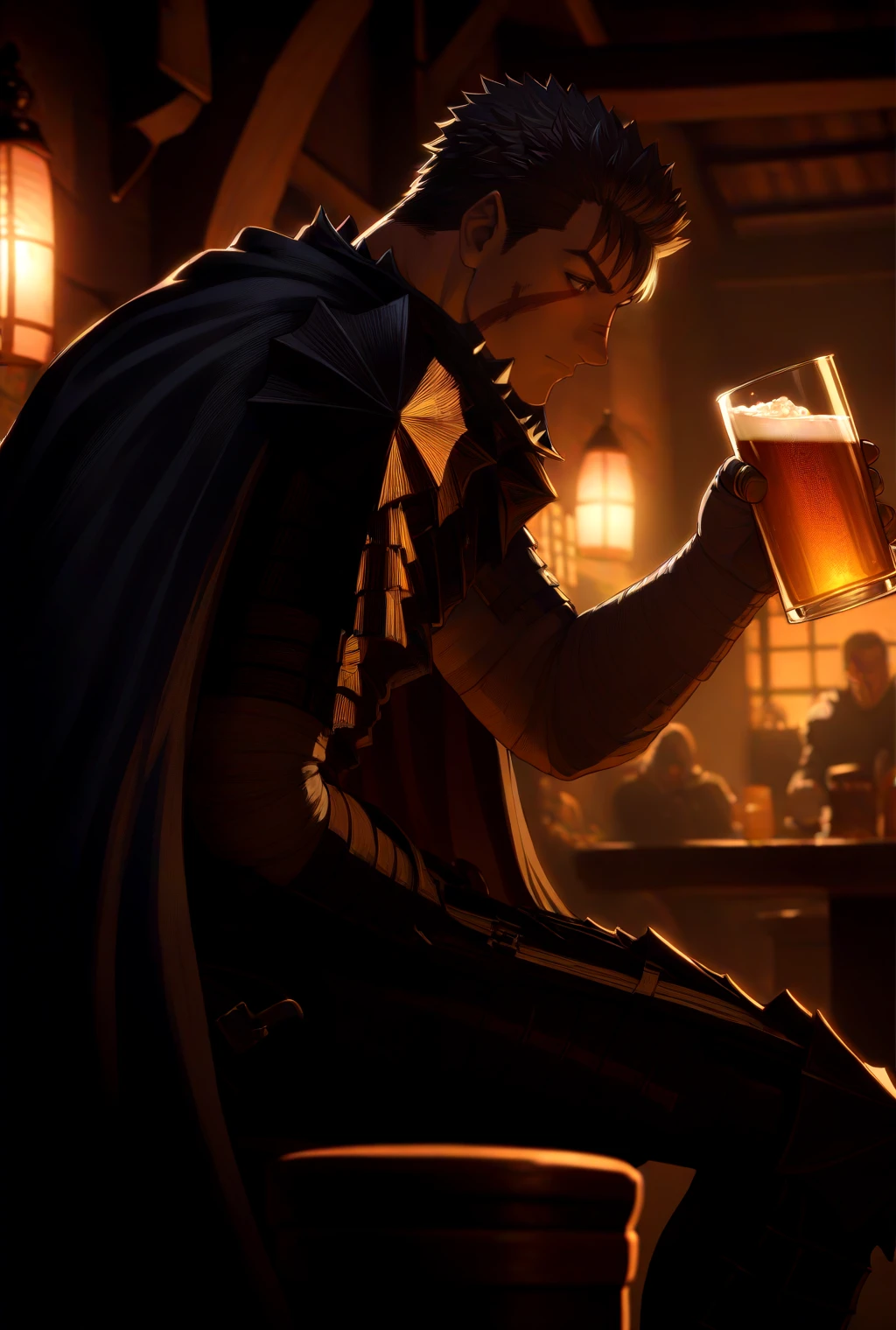 1boy, Guts_Armor, brown eyes, short hair, multicolored hair, spiked hair, scar on nose, black armor, torn cape, cinematic angle, medieval, indoors, tavern, dimly lit, masterpiece, best quality, <lora:GutsAnimdxlDwnsty:1>, one eye closed, muscular male, drinking, beer mug, holding cup, from side, sitting,