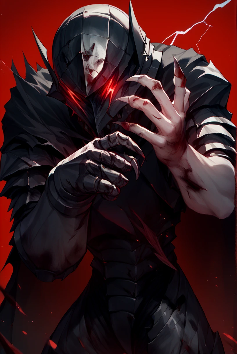 score_9, score_8_up, score_7_up, source_anime, looking at viewer, 
<lora:GutsPdxlDwnsty:1>, Guts_Berserker, helmet, red eyes, glowing, black armor, full armor, clawed gauntlets, claws, torn cape, blood on clothes, 
red background, cineamtic lightning,