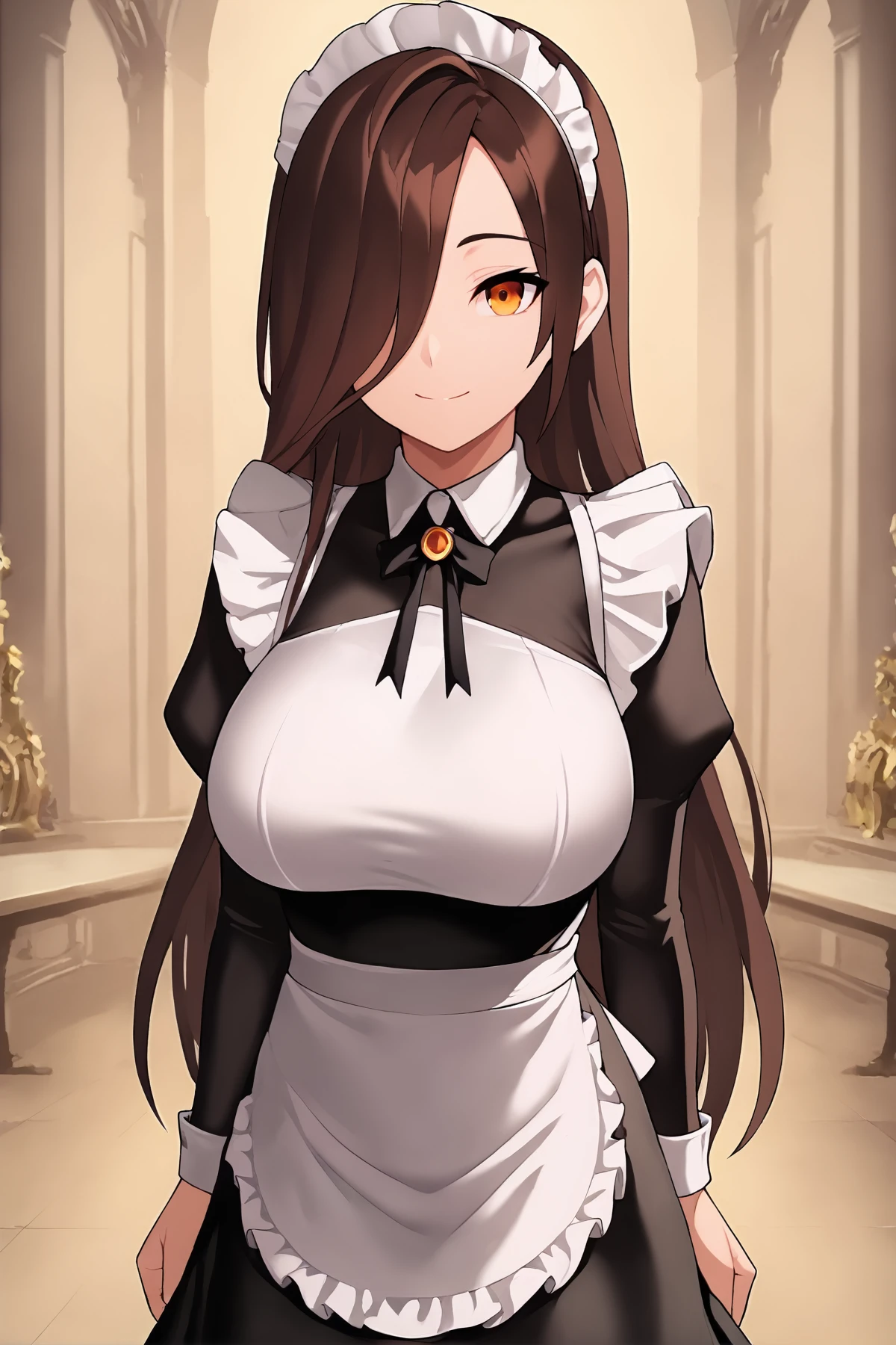 score_9,
<lora:grimgrim_v1_unpruned:1>,
large breasts,
maid, smile,
long hair, brown hair, amber eyes, hair over one eye,
cowboy shot, looking at viewer,
rating_safe,
high resolution, Masterpiece