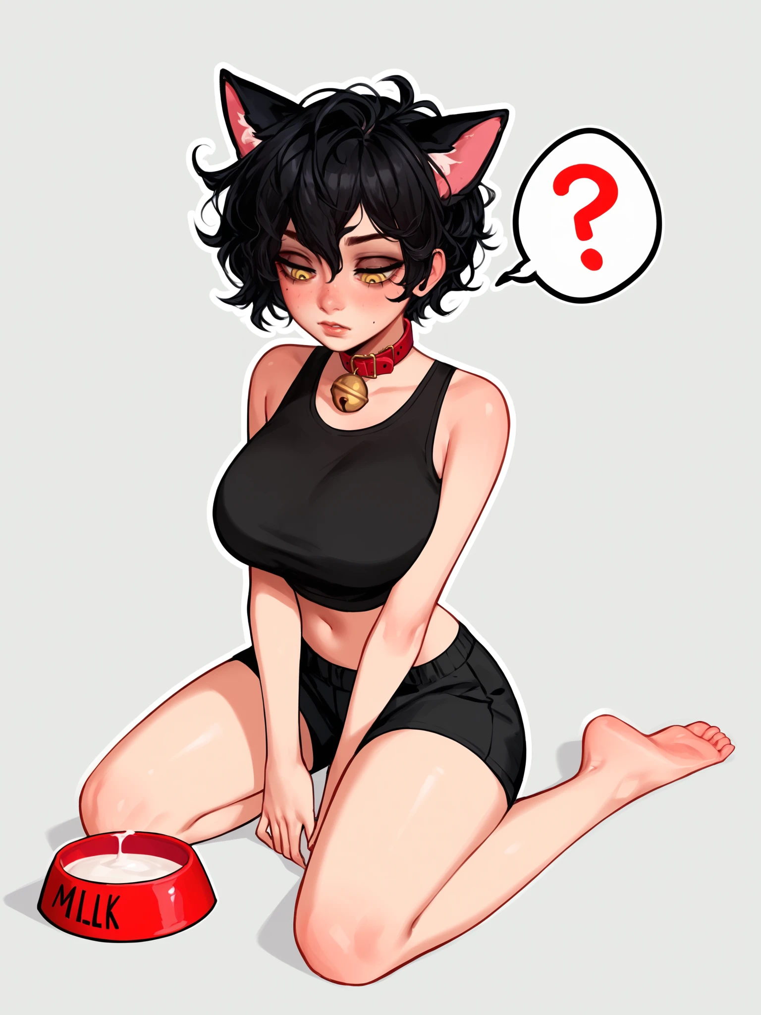 score_9, score_8_up, score_7_up, score_6_up, score_5_up, score_4_up,
BREAK
1girl, black hair, short hair, messy hair, yellow eyes, cat ears, spoken question mark, half-closed eyes, squinting, neck bell, looking down,
BREAK
solo, kneeling, barefoot, black crop top, black top, sleeveless, stomach, large breasts, black sport shorts, red collar, hands between legs, milk bowl, red bowl,
BREAK
white background, <lora:Lunas-BlushedArts-SDXL-A1:1>