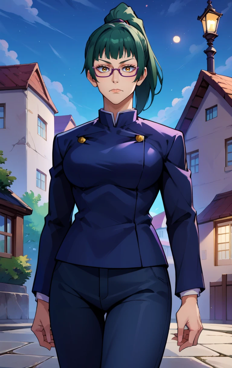 score_9, score_8_up, score_7_up, score_9, source_anime, BREAK <lora:MakizeninSDXL:1> MakizeninSDXL, 1girl, solo, long hair, breasts, looking at viewer, bangs, long sleeves, holding, green hair, golden eyes, closed mouth, school uniform, standing, jacket, ponytail, cowboy shot, outdoors, green hair, necktie, sky, glasses, pants, black jacket, night, black pants, high ponytail, building, hand in pocket, lamppost