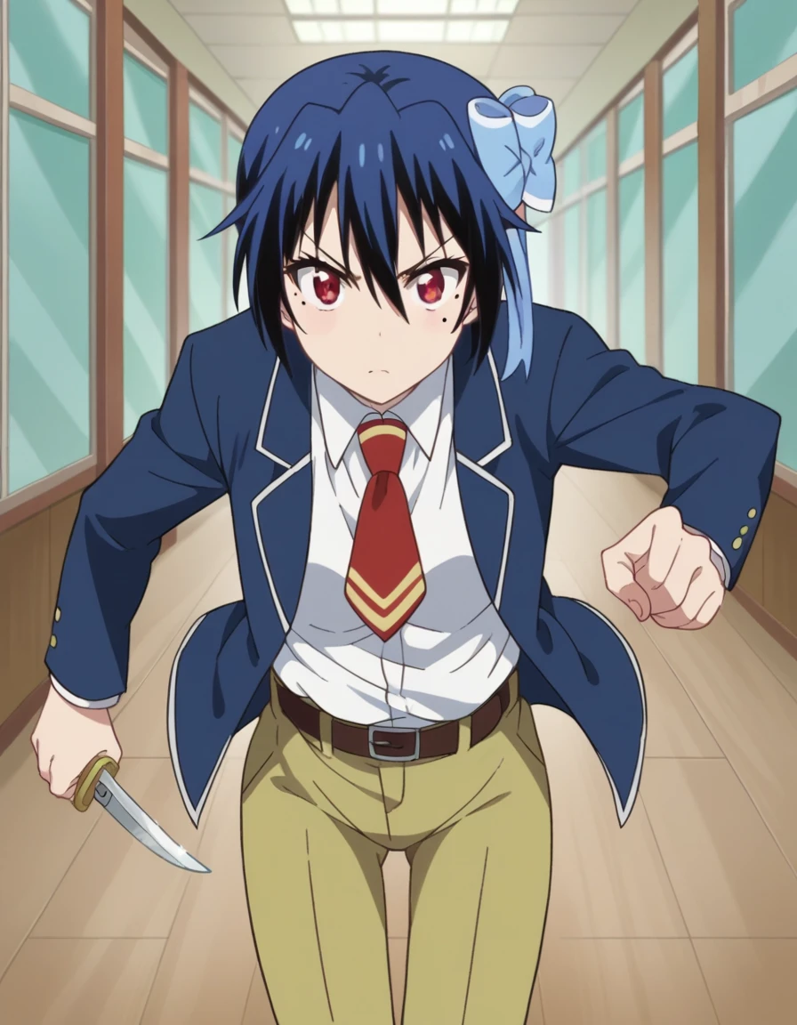 score_9, score_8_up, score_7_up, source_anime,
seishiroutsugumi, <lora:seishirou-tsugumi-ponyxl-lora-nochekaiser:1>,
seishirou tsugumi, short hair, red eyes, bow, blue hair, hair bow, mole, mole under eye, blue bow,
blazer, shirt, long sleeves, white shirt, necktie, collared shirt, belt, pants, red necktie,
indoors, classroom, hallway,
looking at viewer, cowboy shot, dutch angle, fighting stance, weapon, chain, knife,