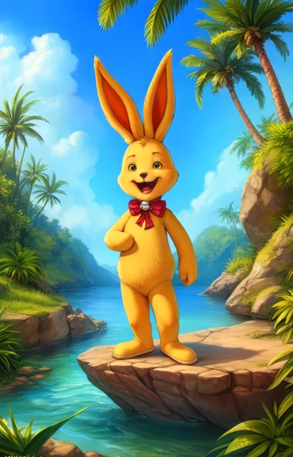  <lora:FelBunLornoYIf:1>   solo, nude,   looking at viewer,  Stands at full height,  FelBunLornoYIf, Plush rabbit, yellow rabbit,
 [Jungle, coast, river, sky, palm trees, rocks, clouds, nature,]  (beautiful, aesthetic, perfect, delicate, intricate, masterpiece,) Chibi,
[by kenket|by totesfleisch8], by thebigslick:by silverfox5213:0.8], [by syuro, by paloma-paloma::0.2, (Tricksta, TotesFleisch8)