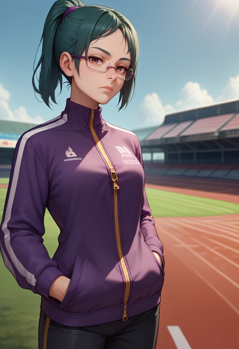 score_9, score_8_up, score_7_up, solo, 1girl, makidef, expressionless, looking at viewer, hands in pockets, ponytail, glasses, purple jacket, zipper, long sleeves, black pants, outdoors, racetrack <lora:jjk_makizenin_ponyXL:1>