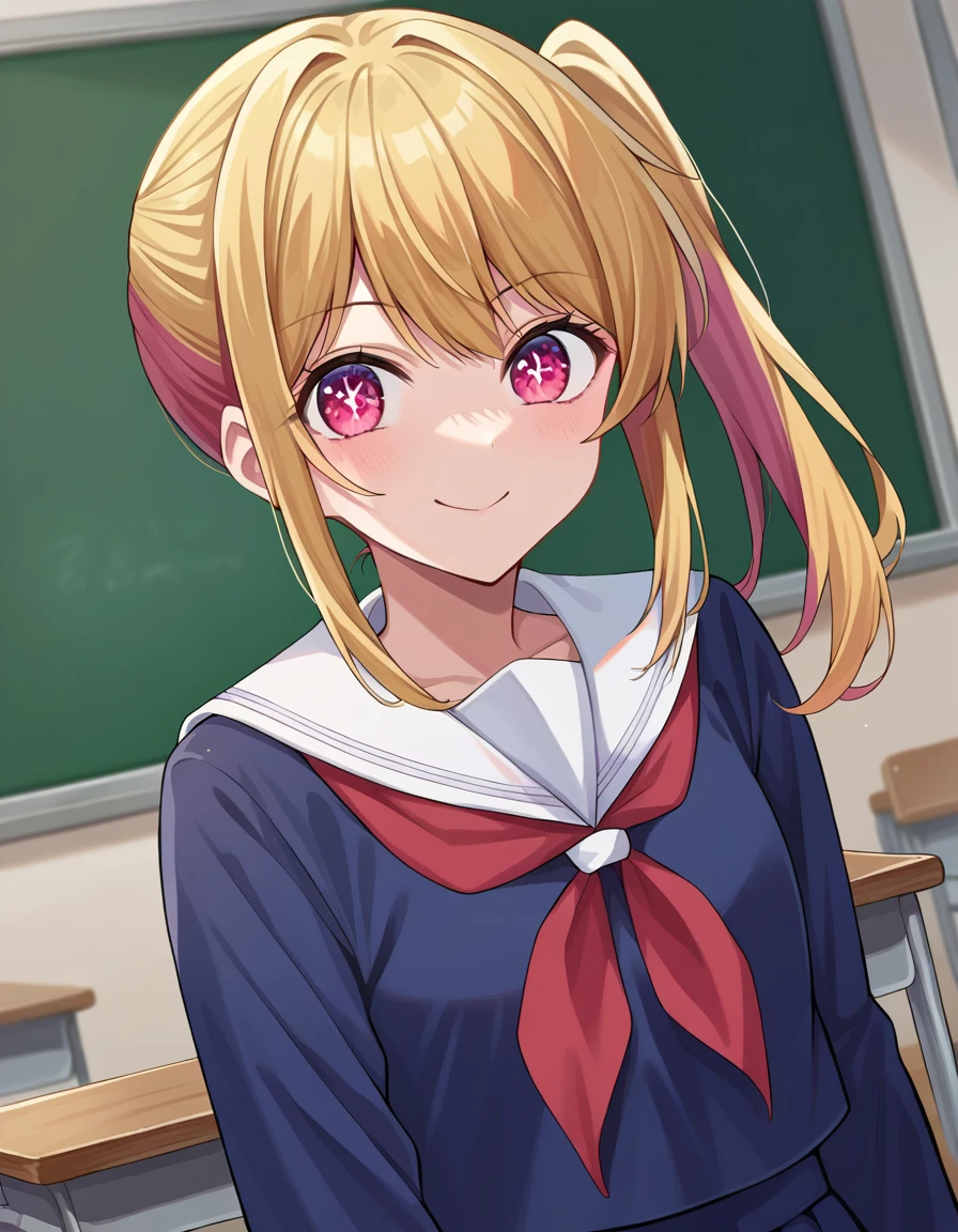 score_9, score_8_up, score_7_up, source_anime,
rubyhoshino, <lora:ruby-hoshino-ponyxl-lora-nochekaiser:1>,
ruby hoshino, long hair, bangs, blonde hair, pink eyes, sidelocks, symbol-shaped pupils, multicolored hair, two-tone hair, smile,
side ponytail, long sleeves, school uniform, serafuku, sailor collar, neckerchief, cardigan, red neckerchief, white sailor collar, skirt, blue skirt,
indoors, classroom,
looking at viewer, cowboy shot, dutch angle,