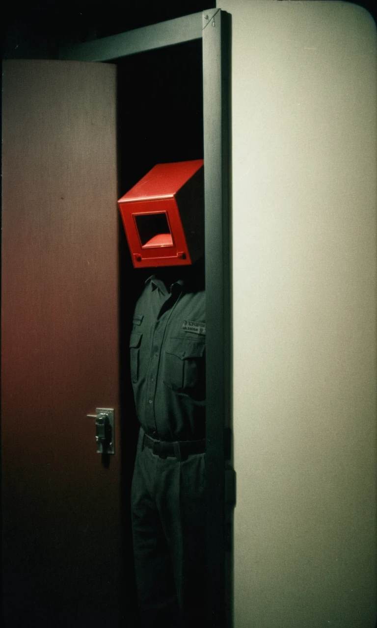 analog film photo man, door, dark, box head, huleebstyle, helmet, dark, monochrome, red light, simple, <lora:HuleebStyle_v1:0.85> . faded film, desaturated, 35mm photo, grainy, vignette, vintage, Kodachrome, Lomography, stained, highly detailed, found footage