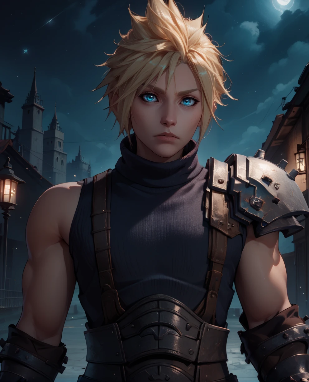 score_9,score_8_up,score_7_up,
cloudxl,blonde hair,spiked hair,blue eyes,solo,
sleeveless,gloves,turtleneck,armor,shoulder armor,sleeveless turtleneck,
standing,upper body, looking at viewer,
night,industrial,<lora:CloudXL:0.9>,
