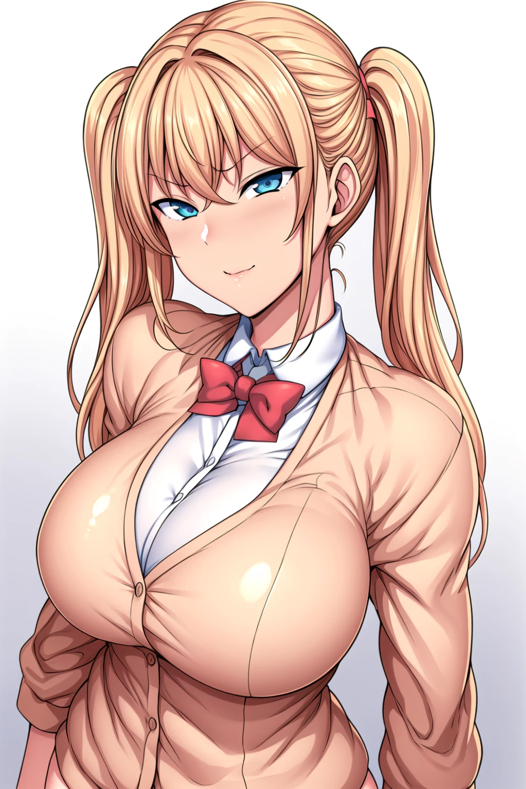 Simple White Background,
dynamic pose,standing at attention,
 red bowtie, school uniform,Brown cardigan, collared shirt, white shirt,long sleeves,
<lora:Suzuka_Hiiragi_SaiminSeishidou-KK77-V1:0.7>,
blue eyes, blonde hair,bangs,twintails, hair ornament, 
<lora:Oda_Non_Style-KK77-V2:0.3>,<lora:Reika_Kurashiki_SaiminSeishidou-KK77-V2:0.2>,<lora:more_details:0.3>,
1 girl, 20yo,Young female,Beautiful long legs,Beautiful body,
Beautiful Nose,Beautiful character design, perfect eyes, perfect face,expressive eyes,perfect balance,
looking at viewer,(Focus on her face),closed mouth, (innocent_big_eyes:1.3),(Light_Smile:1.0),
official art,extremely detailed CG unity 8k wallpaper, perfect lighting,Colorful, Bright_Front_face_Lighting,White skin,
(masterpiece:1.0),(best_quality:1.0), ultra high res,4K,ultra-detailed,
photography, 8K, HDR, highres, absurdres:1.2, Kodak portra 400, film grain, blurry background, bokeh:1.2, lens flare, (vibrant_color:1.2),professional photograph,
(Beautiful,large_Breasts:1.4), (beautiful_face:1.5),(narrow_waist),